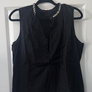 Black J Crew Button Up Top with Bejeweled Collar